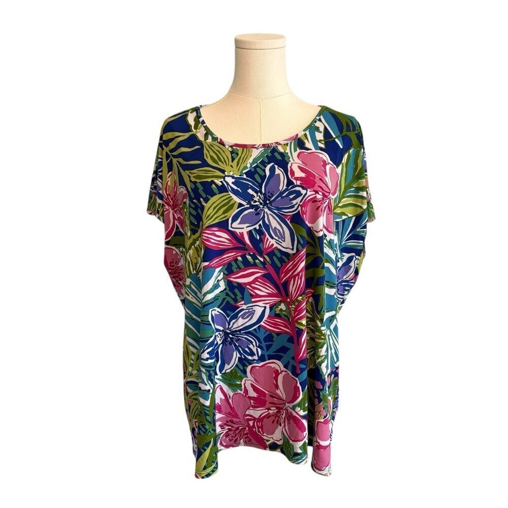 Susan Graver Womens XL Stretchy Floral Vacation Tropical Casual Short Sleeve Top